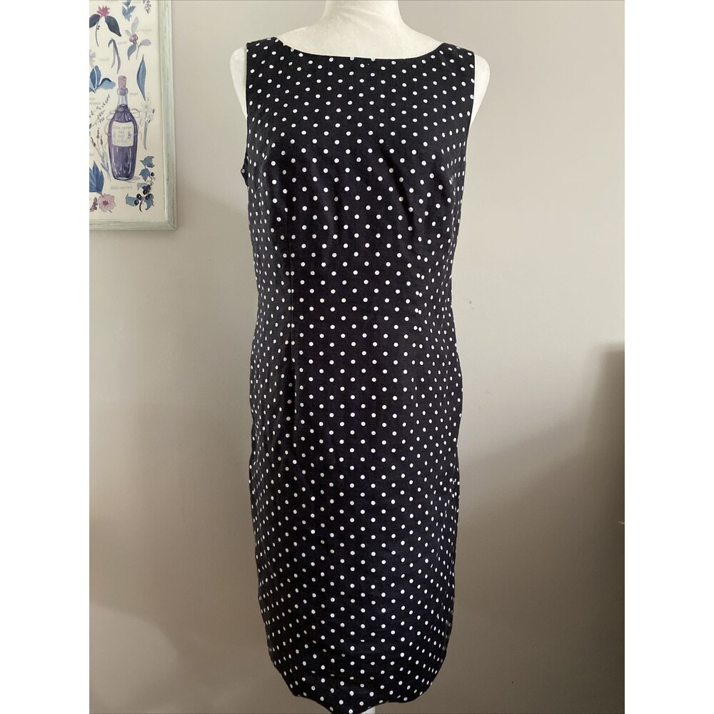 Women Dress 100% Linen Black Polka Dot 8 M L Sleeveless Shift Zipper Cute